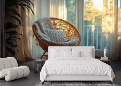 Sunlit indoor space featuring a rattan chair and a lush plant against a light wall backdrop Wall mural