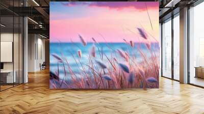 Sunset over grass blowing in the wind Wall mural