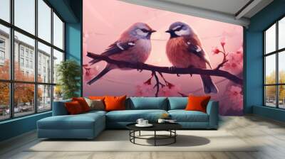 two birds are seated on a pink blossom branch Wall mural