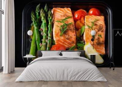 two boxes of mixed vegetables with salmon and asparagus Wall mural