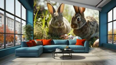 two bunnies and easter eggs in a grassy area Wall mural