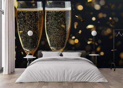 Two champagne flutes clink together with confetti falling in celebration on a dark background Wall mural