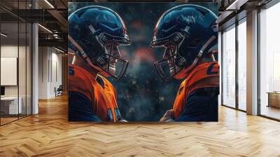 Two football players in vibrant orange uniforms face off with intense expressions before a game Wall mural