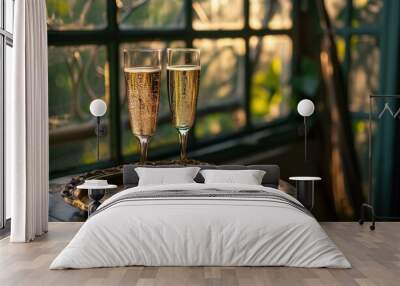 two glasses of champagne on tray by window in france wine Wall mural