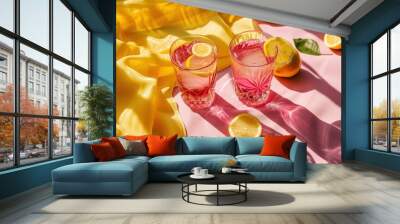 two glasses of raspberry lemonade with fresh cut lemons and lemon slices Wall mural