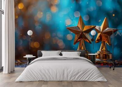 Two Gold Star Trophies on Blue Background With Red Confetti Wall mural