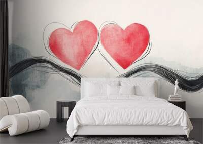 Two intertwined hearts illustrated with soft watercolor effects on a light background Wall mural