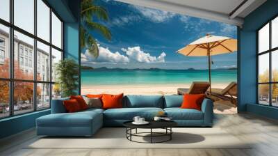 Two Lounge Chairs Under an Umbrella on a Beach Wall mural