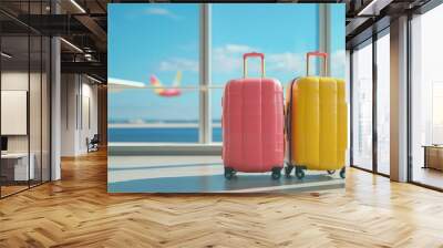 two luggages in front of a window. Wall mural