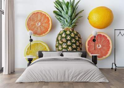 Vibrant arrangement of fresh oranges and pineapple on a clean white background Wall mural