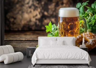 Warm ambiance with two frosty mugs of beer and a pretzel on a rustic wooden table Wall mural