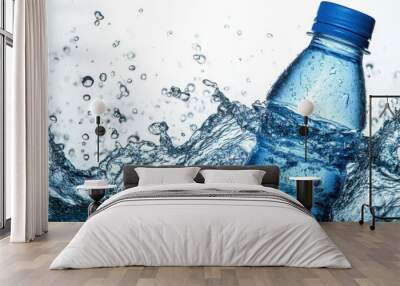 Water bottle splashing in clear blue water creating dynamic ripples and bubbles Wall mural