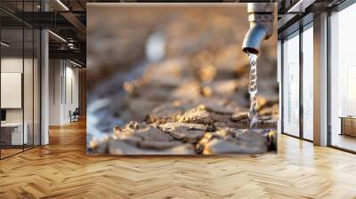 Water Flowing From Tap At Sunset Over Dry Riverbed Wall mural