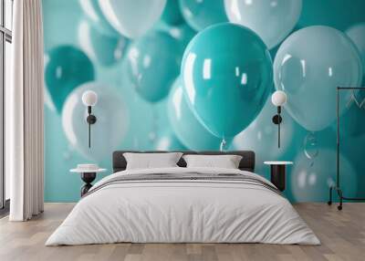 white turquoise balloons are floating in the air, Wall mural