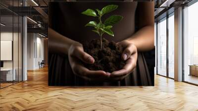 woman holding a green plant in hand, Wall mural