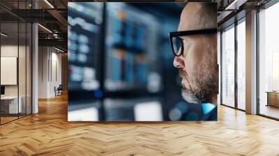 Woman With Glasses Concentrating in a Brightly Lit Room During Evening Hours Wall mural