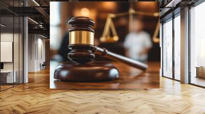 Wooden gavel on a desk in a courtroom with people discussing legal matters in the background Wall mural