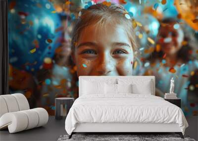 young girl smiles surrounded by confetti and balloons Wall mural