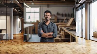 young man smiling for the camera standing in office. Wall mural