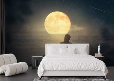 A man sits on the pier and looks at the moon. Wall mural