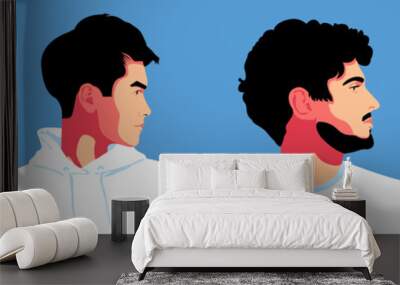 Set of 4 male portrait illustration side view. Silhouette group of multiethnic man who talk and share ideas and information. Young bearded men wearing in white and blue clothing. Wall mural