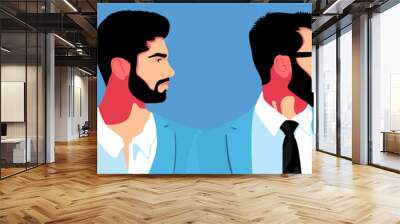 Set of 4 male portrait illustration side view. Silhouette group of multiethnic man who talk and share ideas and information. Young bearded men wearing in white and blue clothing. Wall mural