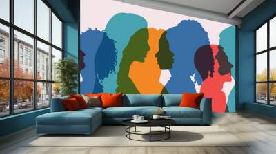 Silhouette group of multiethnic women and man who talk and share ideas and information. Communication and friendship women or girls of diverse cultures. Women social network community. Speak	 Wall mural