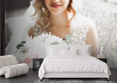 Beautiful luxury bride in elegant white dress Wall mural