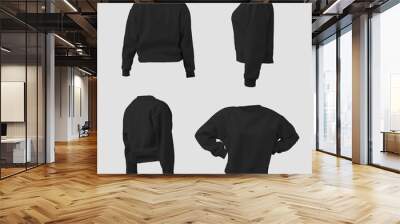 Black crop sweatshirt mockup 3D rendering, fashionable longsleeve canvas bella, isolated on background, front, back, side view. Wall mural