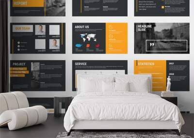 Black vector slides with gray and orange design elements and a place for photos. Wall mural