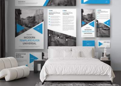 corporate style set with triangular blue design elements, diagonals and a place for photos. Wall mural