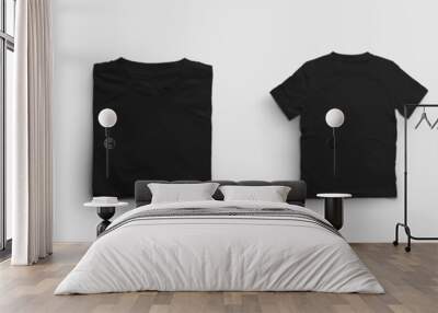 Mockup of a black children's t-shirt, a folded cotton shirt from the front, back, diagonally, isolated on the background. Set. Wall mural