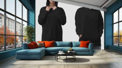 Mockup of a fashionable black long hoodie for a girl, streetwear for brand, design, commerce. Wall mural