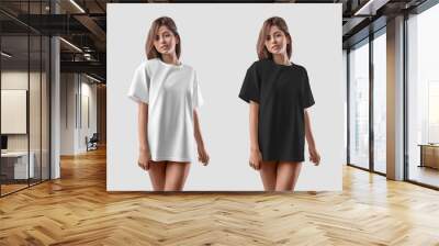 Mockup of a white, black T-shirt on a half-naked girl. Set of clothes Wall mural