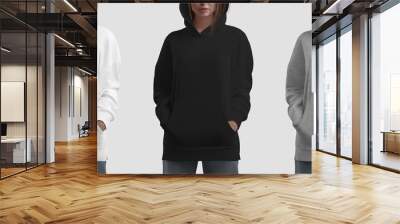 Mockup of fashion long hoodie with pocket on beautiful girl in hood, white, black, heather shirt, for design, commercial. Wall mural