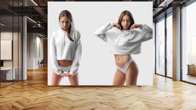 Mockup of white crop top on sexy girl in bikini isolated on background. Set Wall mural