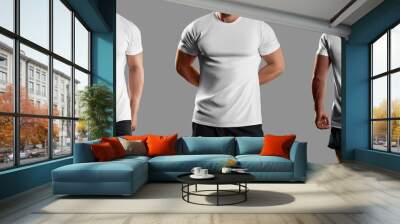 Mockup of white t-shirt on muscular man in shorts, shirt for gym, training, front, back, isolated on background. Set Wall mural