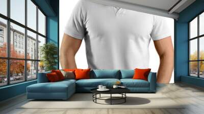 PNG. White t-shirt mockup on man isolated on transparent background Wall mural