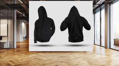 Set of 3D rendering black hoodie templates, wrinkled clothing for men with zipper, pocket, for design presentation. Wall mural