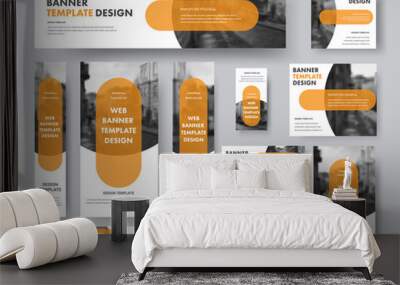 set of horizontal, vertical and square web banners with semi-circular elements for a photo and a transparent orange plate. Wall mural