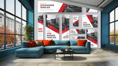 set of web banners of different sizes with diagonal red elements and a place for photos. Wall mural