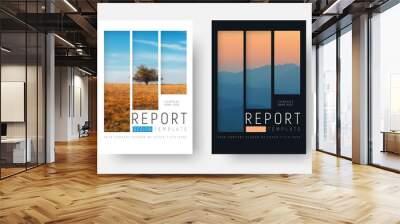 set of white and black report covers with a landscape and mountains in a minimalist style Wall mural