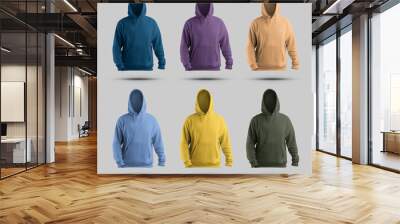 Template colorful hoodie 3D rendering, oversized sweatshirt with large hooded, front view. Set Wall mural