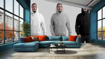 Template white, black, heather hoodie on a bearded man in a hood, male apparel presentation with pocket, front view, for design. Set Wall mural