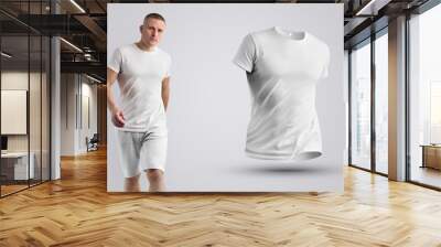 Two mockups of a blank T-shirt on a man and 3d. Wall mural