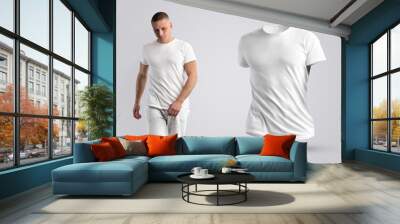 Two mockups of a white T-shirt on a man and 3d. Wall mural