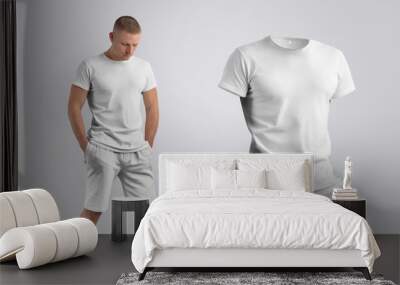 Two templates of a blank T-shirt on a man and 3d. Wall mural