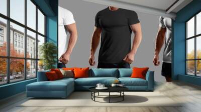 White, black, heather t-shirt template on an athletic man in shorts, front view, apparel for branding, design, commerce. Set. Wall mural