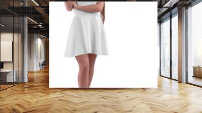 white designer dress on a dark-haired girl in moccasins, a mid-length sundress for pattern. Summer clothes template, wave skirt, casual women's clothing, isolated on background Wall mural