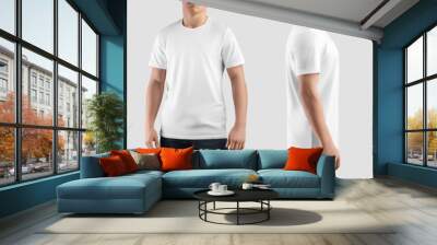 White t-shirt mockup on guy, front, side, back view, product photography for commerce, promotion. Set Wall mural